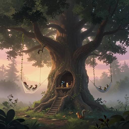 Mystical Woodland Dawn with Enchanted Tree