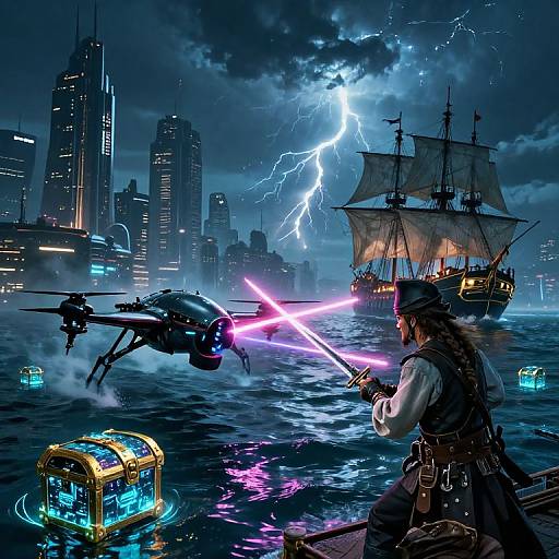 Digital artwork of a pirate wielding a glowing pink lightsaber, dueling a futuristic drone ship in a stormy, lightning-filled city harbor with a large