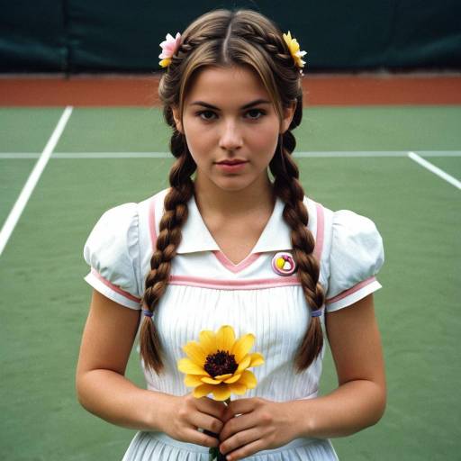 Young Woman with Twin Braids Holding Yellow Flower on Tennis Court