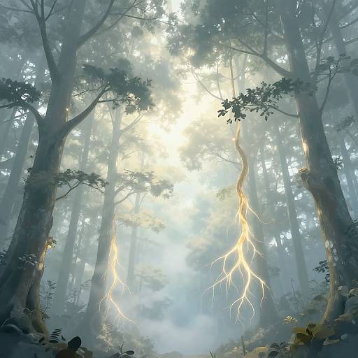Digital artwork of a misty forest with tall trees, sunbeams piercing through, and glowing, root-like lightnings descending from skyward.