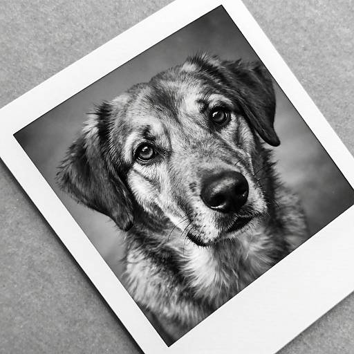 Black and white photograph of a medium-sized, fluffy dog with expressive eyes, lying down, placed on a textured gray surface.