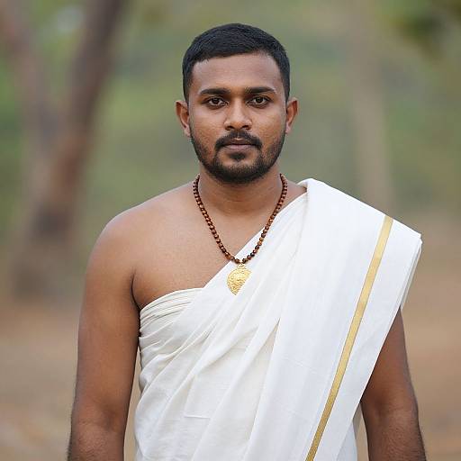 Photograph of a muscular, dark-skinned Indian man with short black hair and beard, wearing a white dhoti with a gold stripe, and