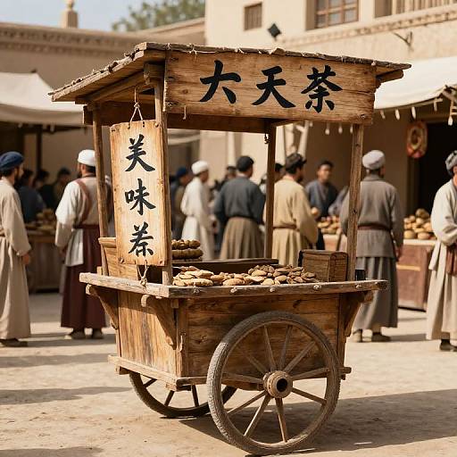 Photograph of a rustic wooden street cart with Chinese characters, selling bread in a bustling, sunlit marketplace with people in traditional attire.