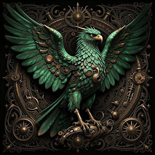 Digital art of a green, detailed, mechanical eagle with outstretched wings, surrounded by intricate, steampunk gears and patterns against a black background