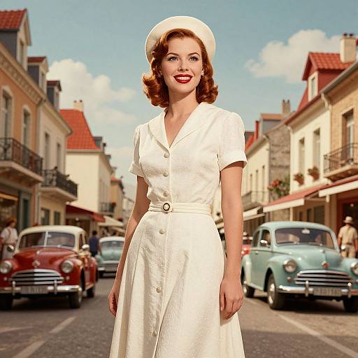Photograph of a red-haired woman in a 1950s-style white dress and hat, standing in a sunlit European street with vintage cars and