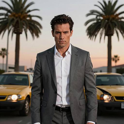 Serious Man Against Sunset with Car