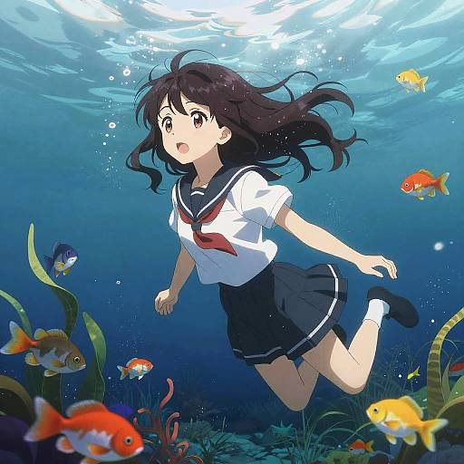 Anime Girl Underwater with Aquatic Life