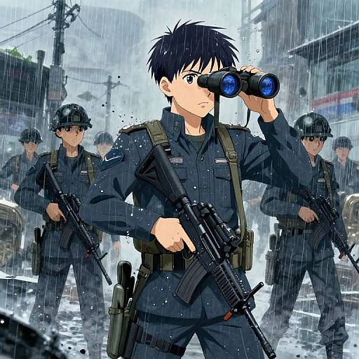 Anime-style digital illustration of a team of armed, black-clad soldiers in rain, with a central figure using binoculars, holding a rifle.