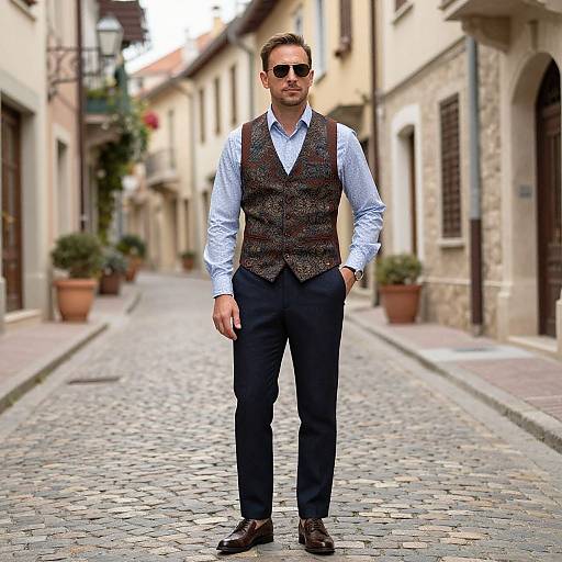 Photograph of a stylish man in a blue shirt, patterned vest, black pants, brown shoes, and sunglasses, standing on a cobblestone