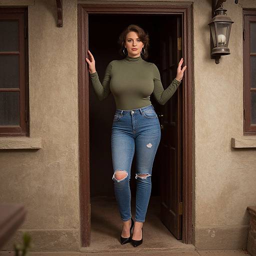 Photograph of a curvy woman with wavy brown hair, olive green turtleneck, and ripped blue jeans, standing in a wooden door frame