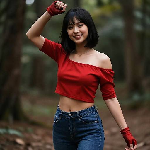Photograph of an Asian woman with short black hair, wearing a red off-shoulder top, blue jeans, red fingerless gloves, smiling in