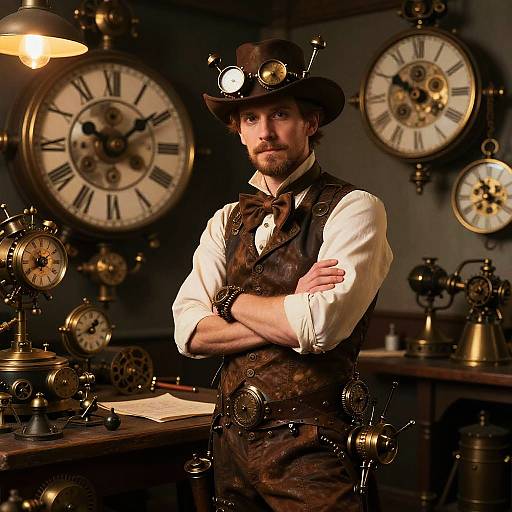 Photograph of a bearded man in Victorian steampunk attire, with a top hat and goggles, standing in a clock-filled, dimly-l