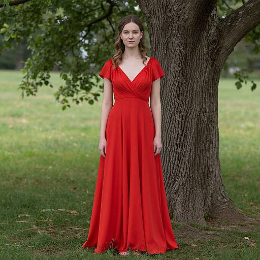 Photograph of a woman with fair skin and brown hair, wearing a vibrant red, V-neck, short-sleeved, floor-length gown, standing