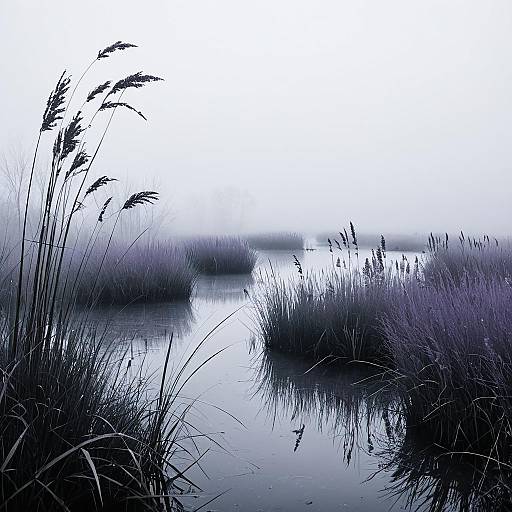 Serene Foggy Marshland with Lavender Tones