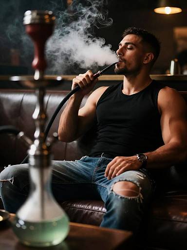 Cinematic Man Smoking Shisha in Lounge