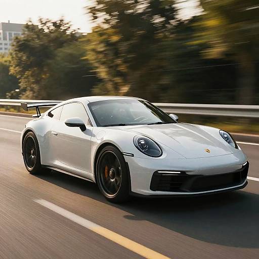 Photograph of a white Porsche 911 speeding on a sunlit highway, with blurred green trees and metal guardrail in background.