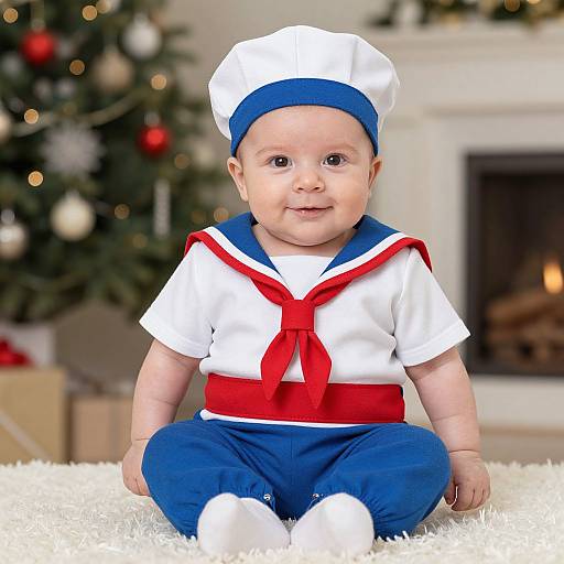 Photograph of a smiling baby in a white sailor outfit with blue hat and red neckerchief, sitting on a white rug in front of a Christmas