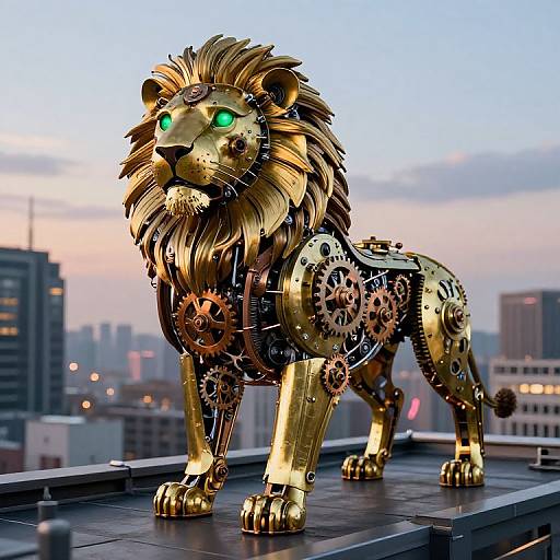 Steampunk Clockwork Lion on Rooftop