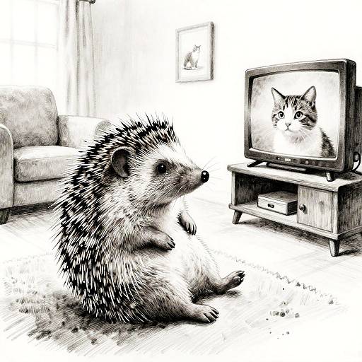Hedgehog Watching Cat on TV Ink Drawing
