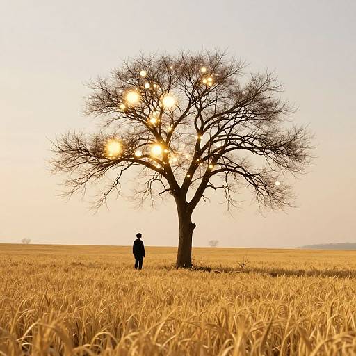 Photograph of a solitary, leafless tree with glowing lights, standing in a golden wheat field; a small, dark figure stands beneath it, against