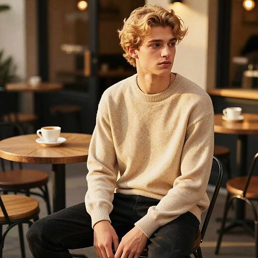 Young Man with Golden Blonde Hair in Casual Sweater at Coffee Shop