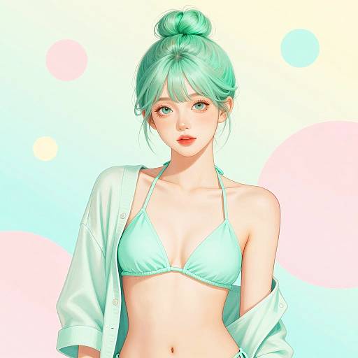 Young Woman with Mint Green Hair in Bikini