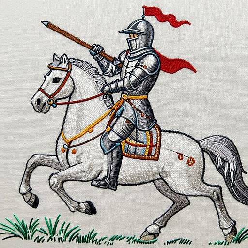 Illustration of armored knight in silver armor with red cape, holding spear, riding white horse with golden bridle, red emblem. Background: white with