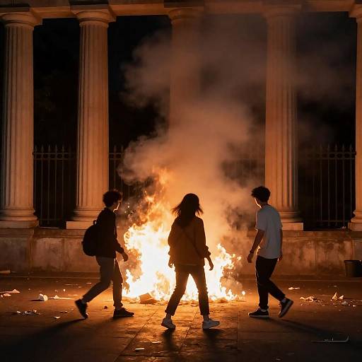 Night Street Fire by Stone Columns