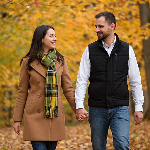 Photograph of a smiling couple holding hands in autumn, with the woman in a brown coat and green plaid scarf, and the man in a white