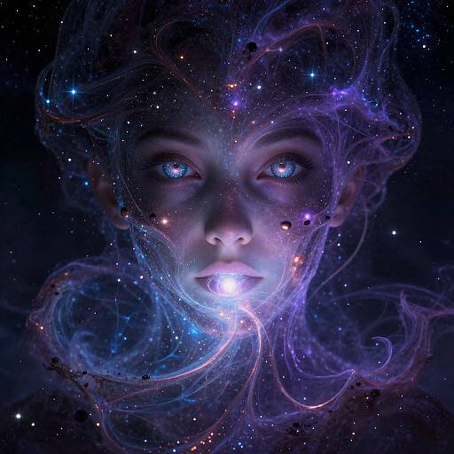 Digital artwork of a glowing, ethereal face with vivid blue eyes, surrounded by swirling, star-filled cosmic clouds and nebulae.