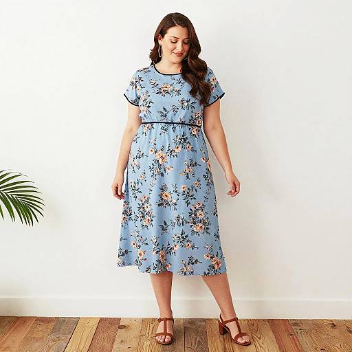 Photograph of a curvy woman with long brown hair, wearing a light blue floral dress, brown sandals, standing against a white wall, with a
