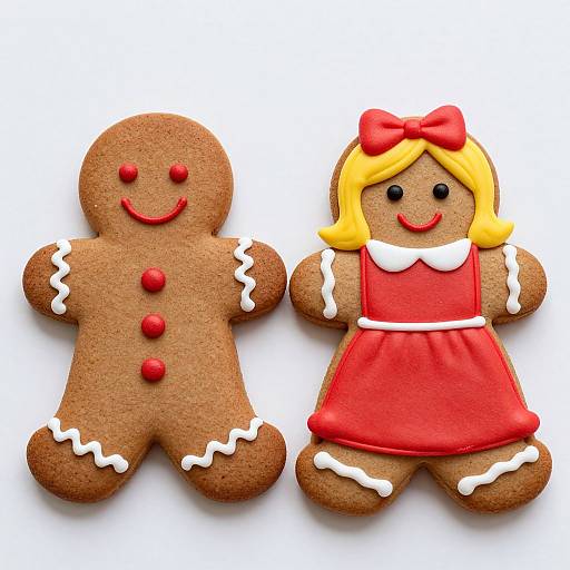 Photograph of two decorated gingerbread cookies: a male with red buttons and white icing, and a female with a red dress, bow, and white