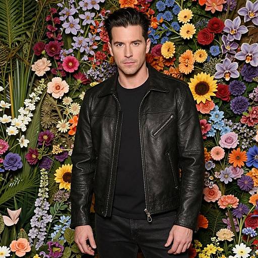 Photograph of a handsome, fair-skinned man with short dark hair in a black leather jacket and shirt, standing against a vibrant, colorful floral backdrop