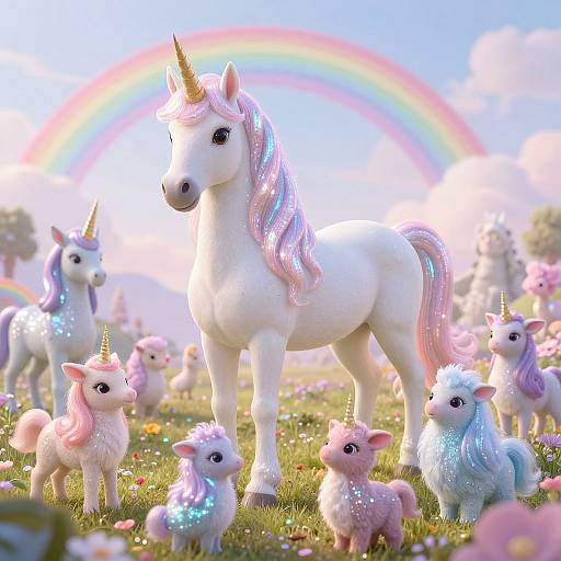 Photorealistic CGI: Enchanted field with white unicorn and sparkling pastel ponies, rainbow in bright blue sky, surrounded by colorful flowers.