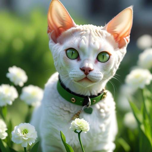 Realistic Devon Rex Cat Among Flowers