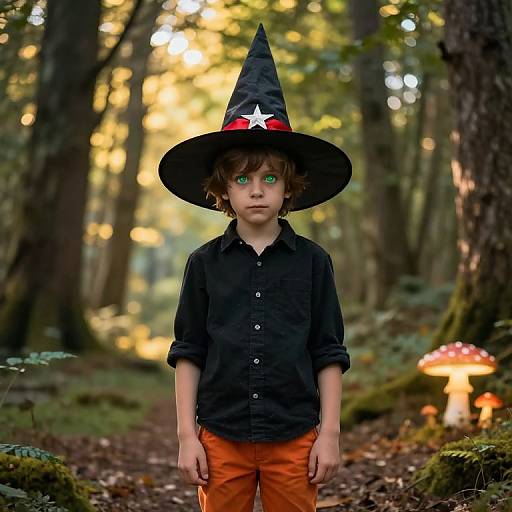 Playful Boy Witch in Sunlit Forest