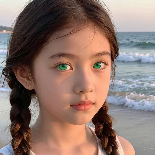 Photograph of young Asian girl with green eyes, dark braided hair, wearing white tank top, standing on sunlit beach with waves in background.