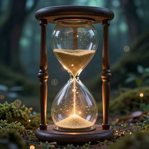 Photograph of a glowing wooden hourglass with sand flowing, set in a dark, mystical forest with blurred green moss and trees.
