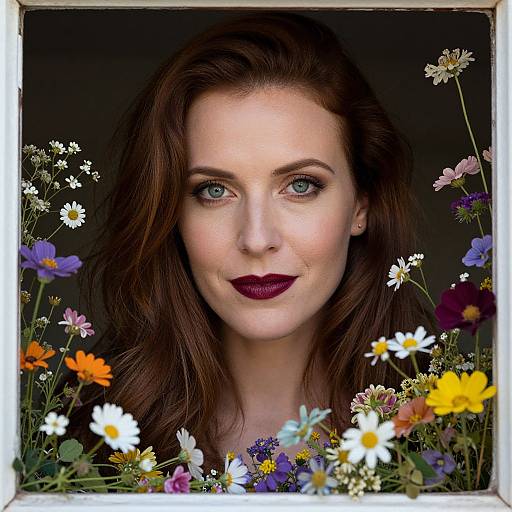 Photograph of a fair-skinned woman with blue eyes, dark red hair, and deep burgundy lipstick, surrounded by colorful wildflowers in a square
