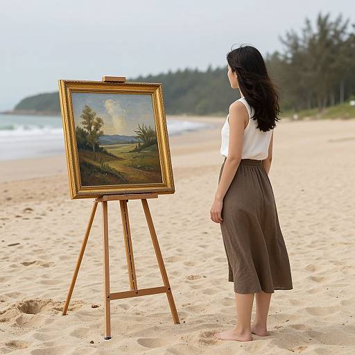 Woman with long black hair, white sleeveless top, brown skirt, stands barefoot on beach, observing landscape painting on wooden easel.