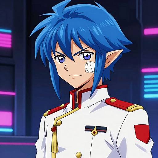 Anime-style digital drawing of a blue-haired elf with pointed ears, wearing a white military uniform with red and gold accents, and a bandage on his