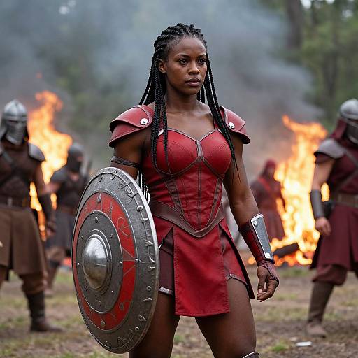 Photograph of a Black woman warrior with braided hair, red armor, and shield, standing before a blazing fire in a forest.