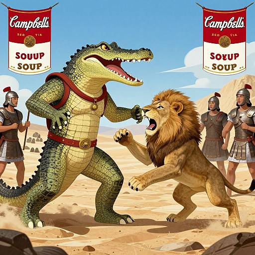 Digital illustration of a muscular, green crocodile in a red harness fighting a roaring, brown lion in a sandy arena, with Roman soldiers and 