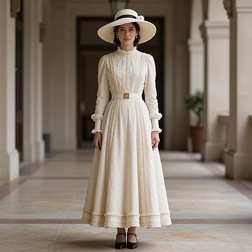 Photograph of a woman in a white, long-sleeve, lace-trimmed dress with a wide-brimmed hat, standing in a