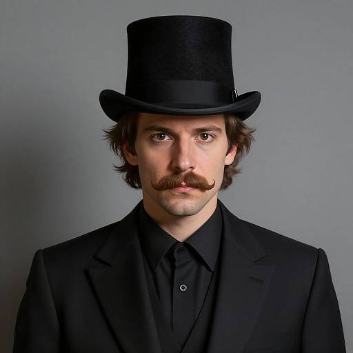 Photograph of a young man with a fair complexion, brown eyes, and a thick mustache, wearing a black top hat and black suit, against