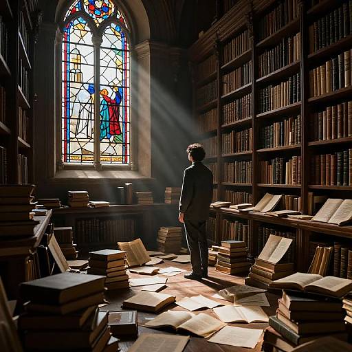 Photograph of a lone man in a dark library, standing amidst scattered books, illuminated by sunlight from a vibrant stained glass window.