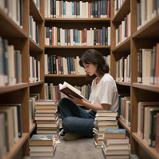 Photograph of a young woman with dark hair, wearing a white t-shirt and jeans, sitting cross-legged on stacks of books in a wooden library aisle