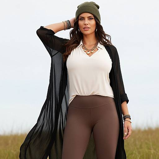 Photograph of a confident woman with long brown hair, green beanie, white blouse, black cardigan, brown leggings, gold necklace, standing outdoors