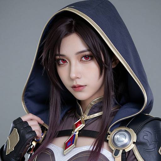 Digital artwork of an anime-style woman with pale skin, red eyes, and long black hair, wearing a black hooded cloak with gold trim and intricate
