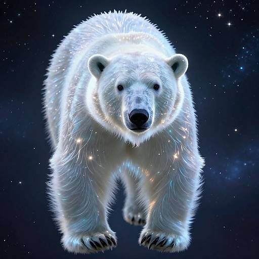 Digital illustration of a glowing white polar bear with sparkling fur, standing against a starry night sky, staring forward.